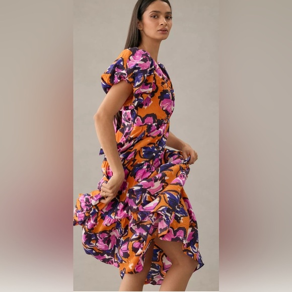 By Anthropologie Puff Sleeve Midi Floral Orange and Purple Dress size S - Picture 3 of 11